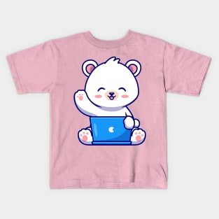 Cute Polar Bear Working On Laptop Cartoon Kids T-Shirt